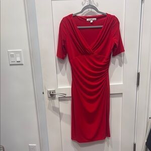 Evan Picone Red Ruched Wrap Midi Dress